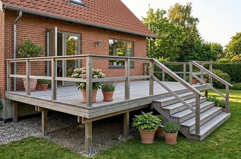 træterrasse der har stået i et år og er blevet grå